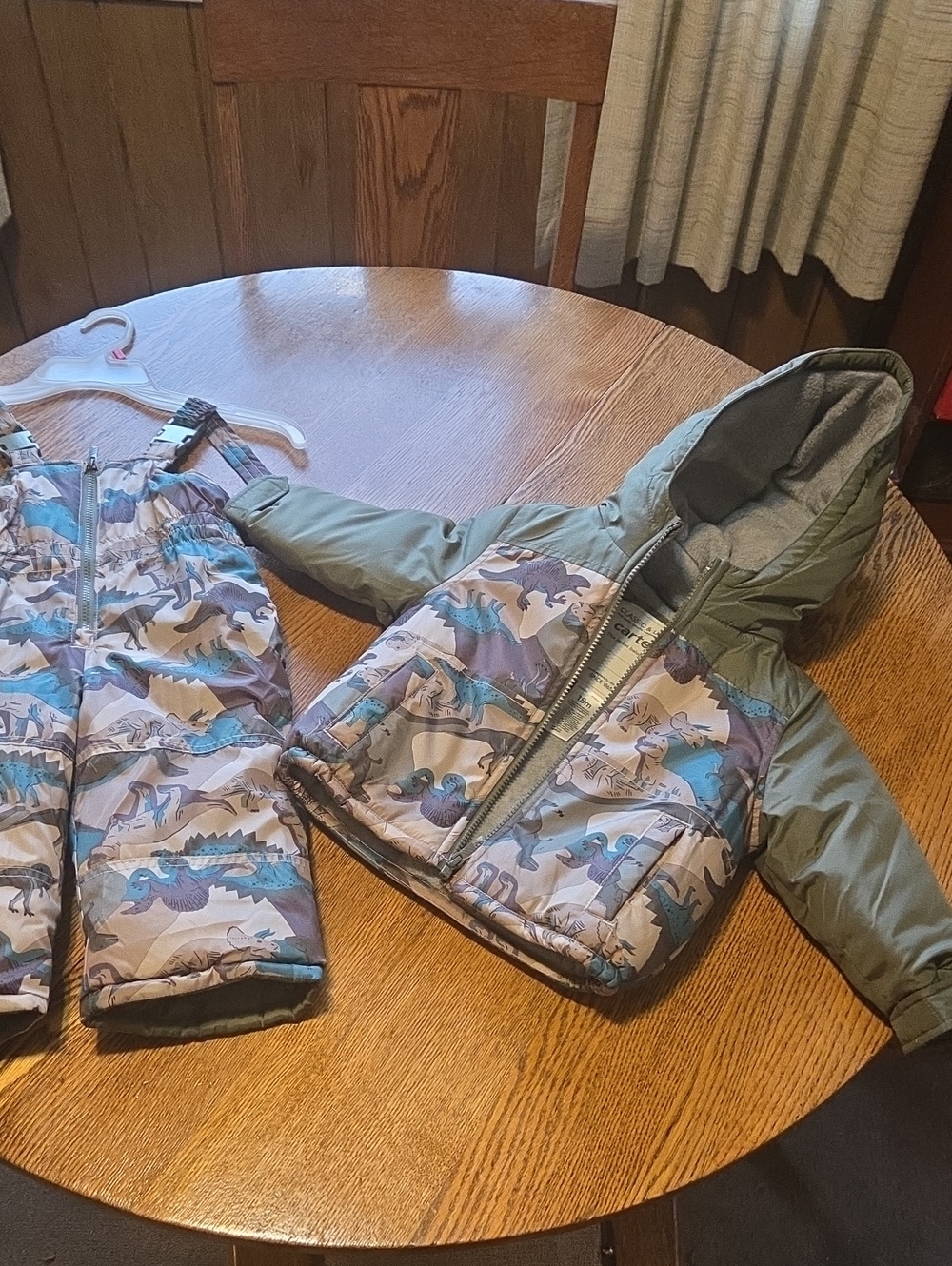 Carter's Olive Green and Teal Dino Puffer Jacket with Hood And Snow Pants 18 Mo.